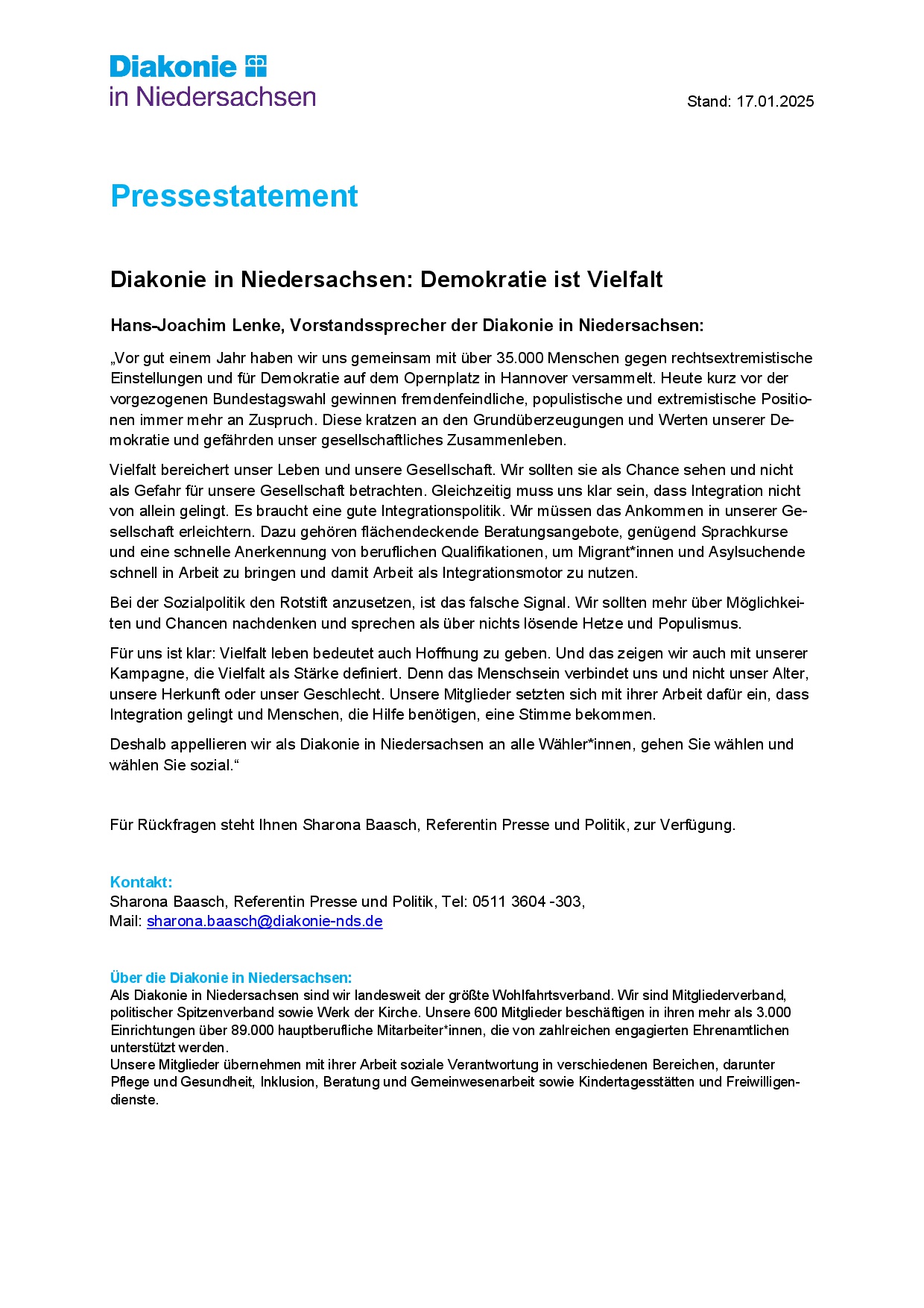 Demokratie ist Vielfalt - Pressestatement der Diakonie in Niedersachsen